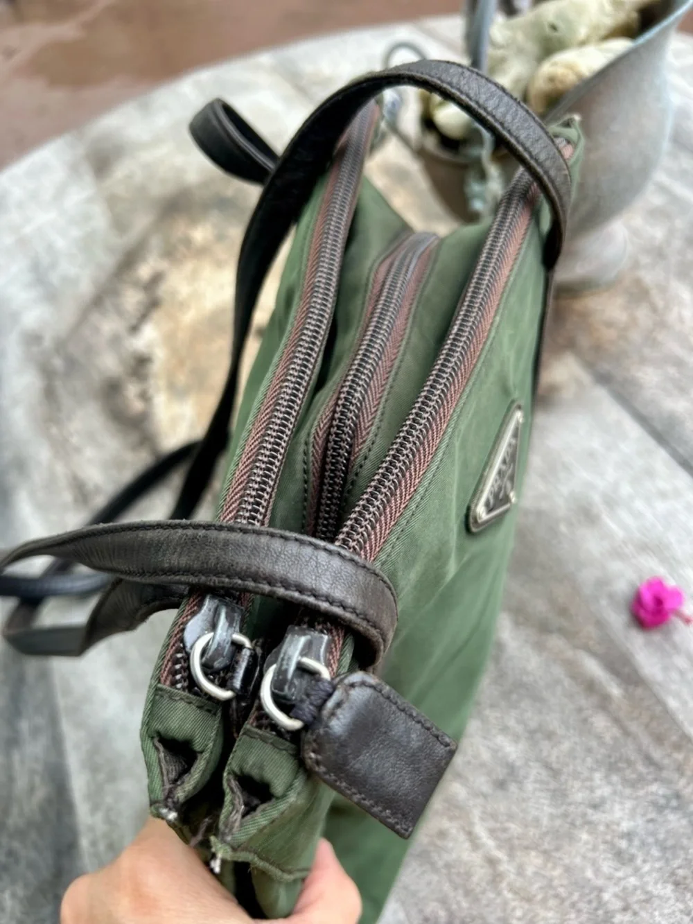 Authentic Prada  Vintage Olive Green Nylon Tote with Dark Brown Leather Straps - Picture 7 of 16